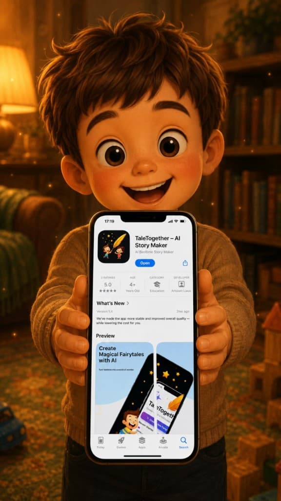 TaleTogether pitch deck — boy presenting the App Store listing on phone